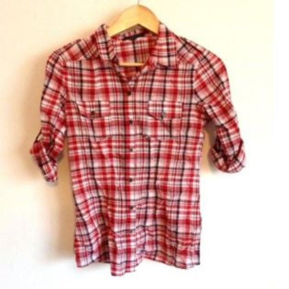Red White Blue Plaid 3/4 Sleeve Button Up Shirt